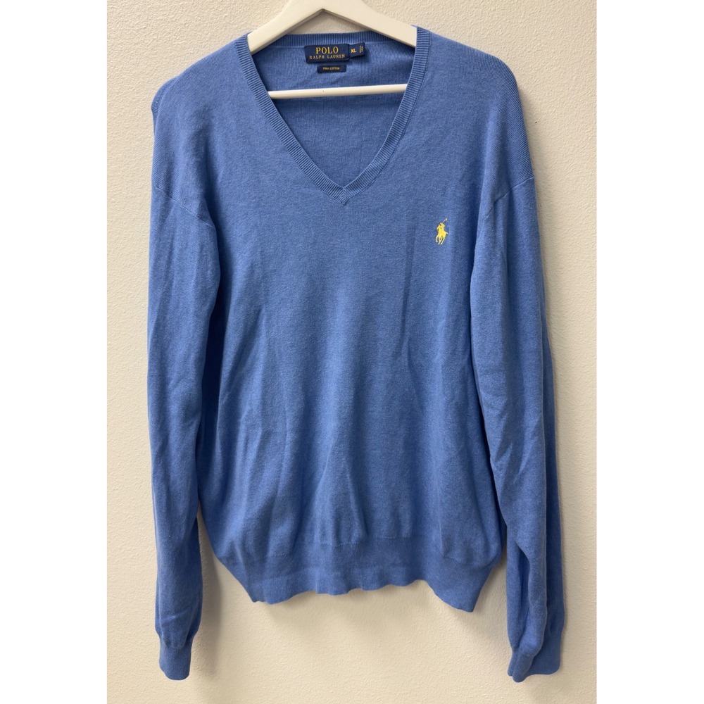 Polo Ralph Lauren V-Neck Sweater Mens XL Blue Pima Cotton Pullover Preppy